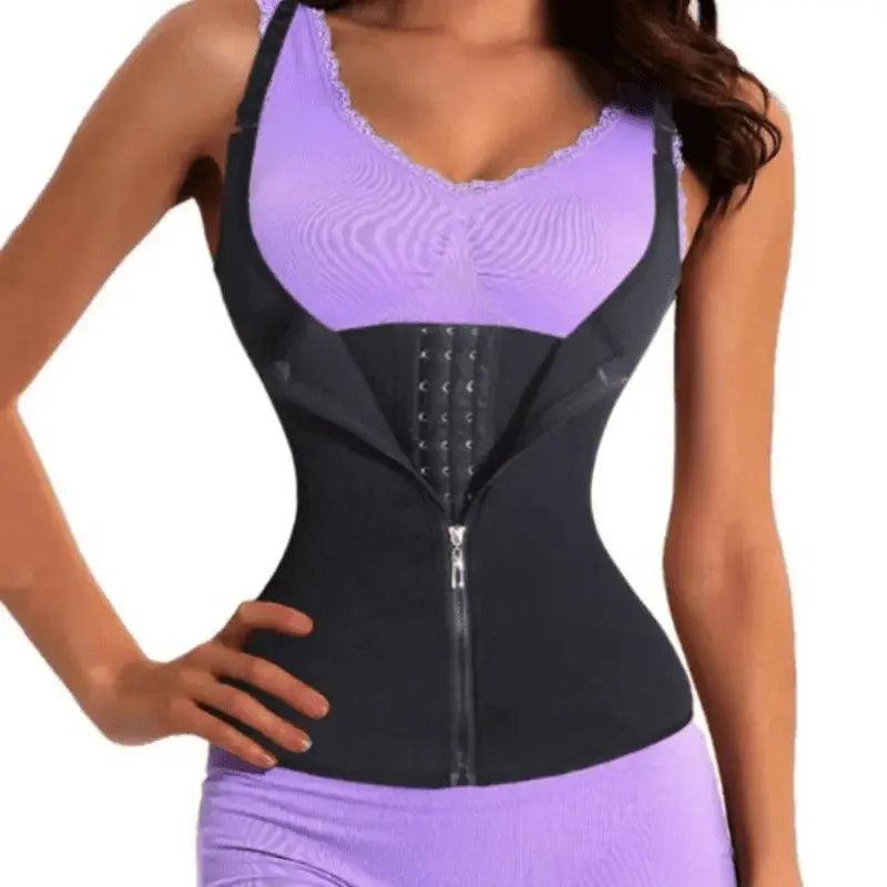 Cinta modeladora preta com zíper frontal, alças ajustáveis e colchetes, design para redução de medidas