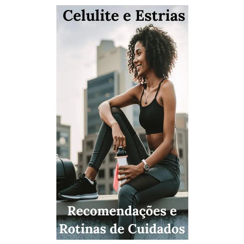 Mulher sorridente em roupa fitness segurando bebida pós-treino, promovendo dicas para combate à celulite e estrias naturalmente