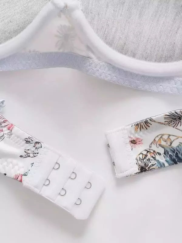 fecho de sutiã com bojo de 3 fechos com tecido branco e florido