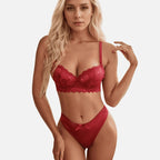Conjunto de lingerie vermelha rendada push-up com calcinha alta sensual feminina