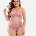 Conjunto de lingerie rosa plus size com renda floral, sutiã com bojo e calcinha de cintura alta