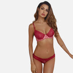 Conjunto de lingerie vermelha com renda - sutiã e calcinha feminina sexy