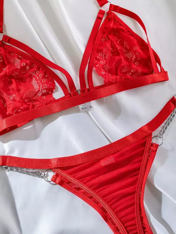 Conjunto de lingerie sexy rendado com correntes