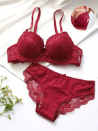 Conjunto lingerie vermelha push-up sutiã com bojo calcinha renda floral íntima feminina