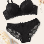 Conjunto lingerie preta rendada sutiã push-up calcinha com renda floral íntima feminina