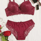 Conjunto lingerie vermelha rendada sutiã push-up calcinha com renda floral íntima feminina
