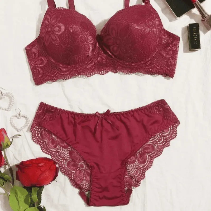 Conjunto lingerie vermelha rendada sutiã push-up calcinha com renda floral íntima feminina
