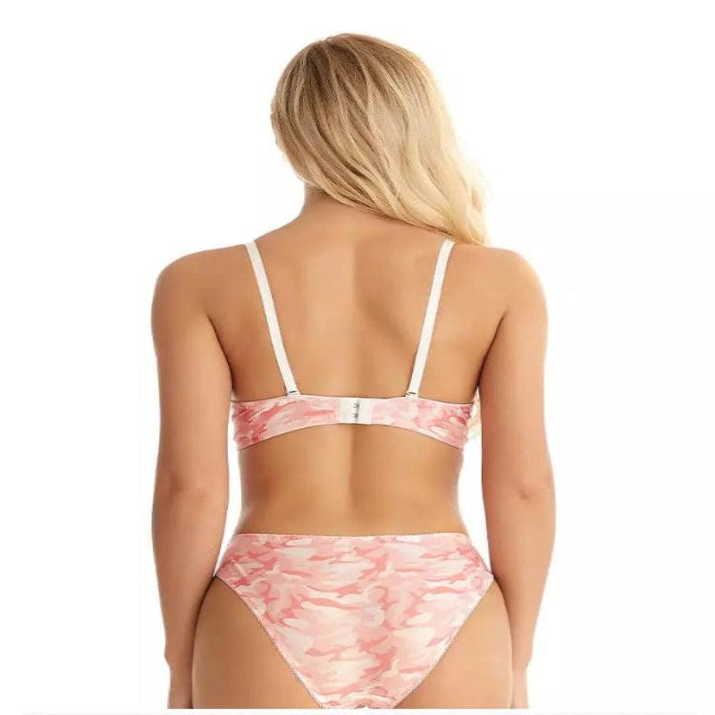 Vista traseira de conjunto lingerie rosa claro com estampa abstrata e alças ajustáveis brancas