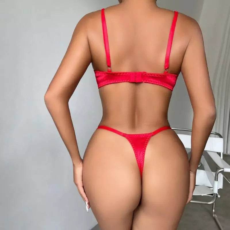 Conjunto lingerie vermelho renda sutiã calcinha fio dental sexy feminino