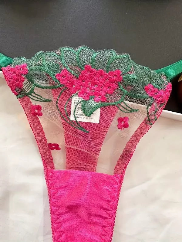 Calcinha rosa verde renda transparente bordado floral lingerie feminina sensual