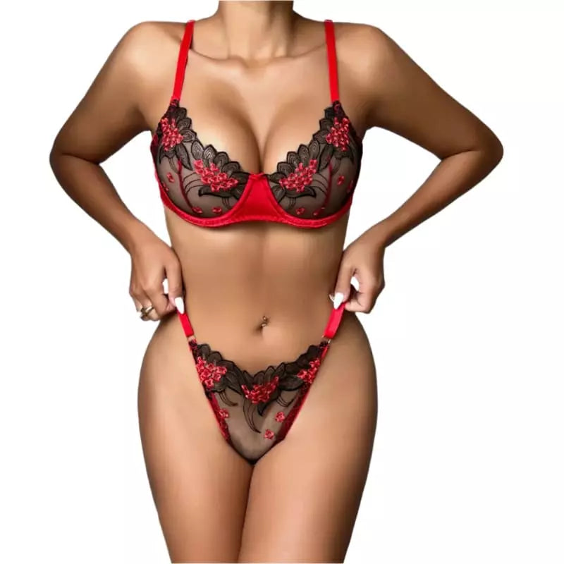 Conjunto lingerie renda preta vermelha sutiã calcinha sexy feminino bordado floral