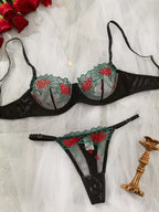 Conjunto lingerie preta verde renda floral sutiã calcinha transparente bordado sexy