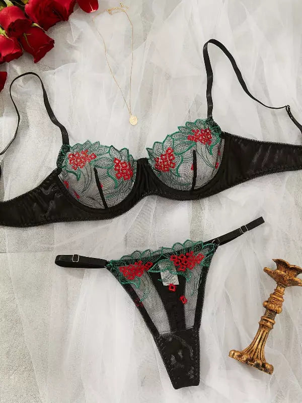 Conjunto lingerie preta verde renda floral sutiã calcinha transparente bordado sexy