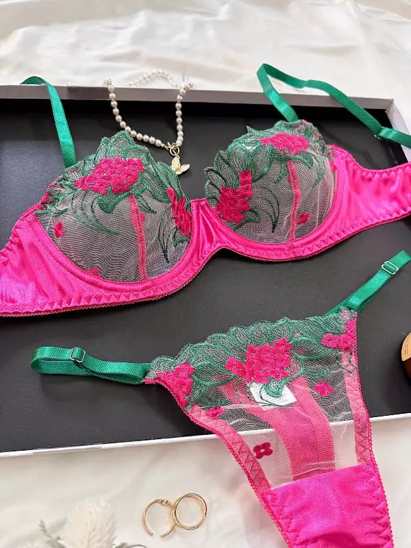 Conjunto lingerie rosa verde renda floral sutiã calcinha sexy bordado feminino