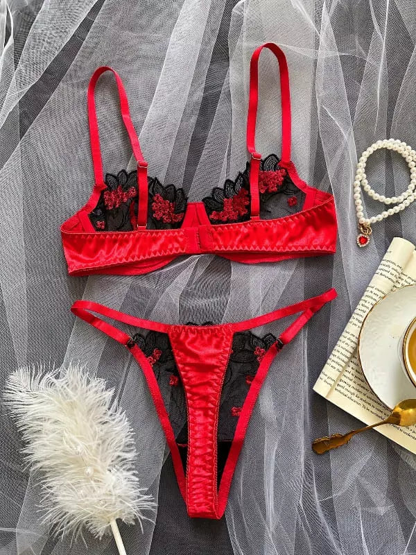 Lingerie vermelha preta renda sutiã calcinha fio dental bordado floral sensual