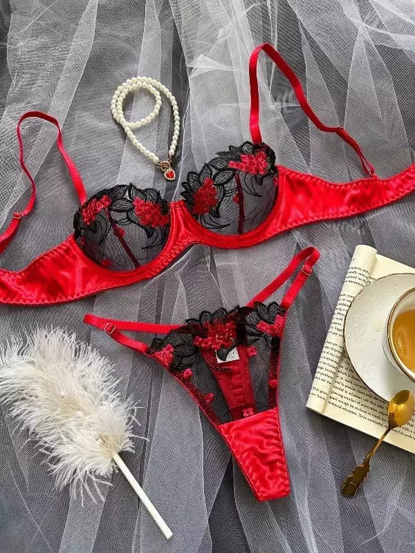 Lingerie vermelha preta renda transparente conjunto sutiã calcinha sexy bordado