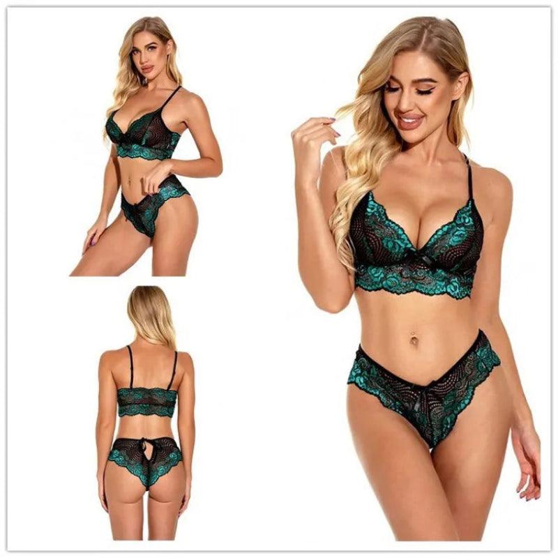 Conjunto lingerie verde com renda preta, sutiã rendado e calcinha sensual elegante