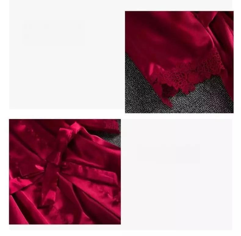 A imagem mostra detalhes de lingerie em seda vermelho vinho, destacando a barra com renda delicada e o laço de amarração.
