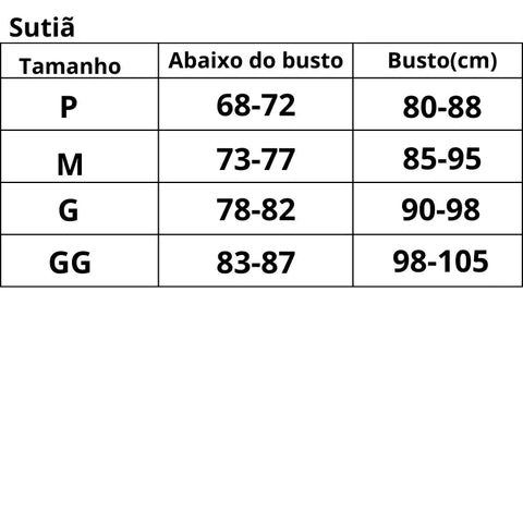 Tabela de tamanhos sutiã