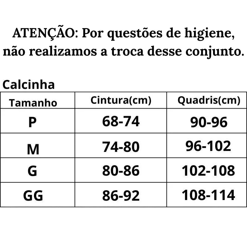 Tabela de tamanhos calcinha