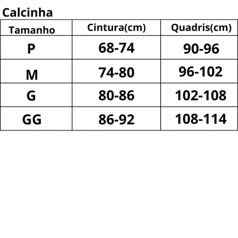 Tabela de tamanhos calcinha