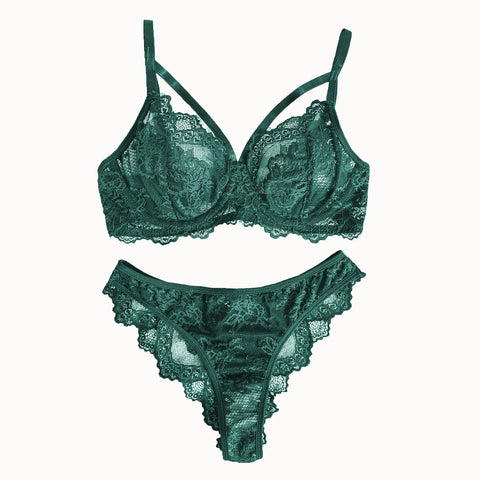 Imagem de uma peça de lingerie de renda verde escuro.