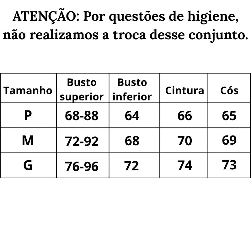 Conjunto Sensual Transformação Tabela de medidas  do P ao G