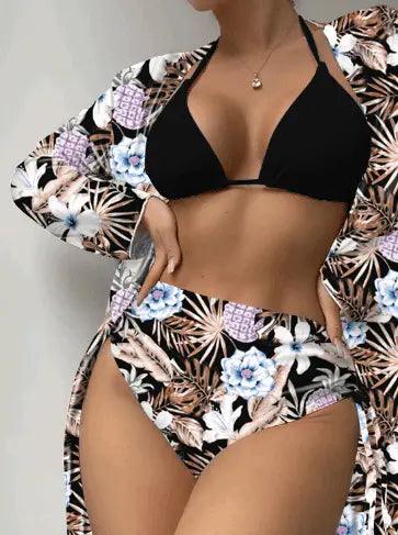 Conjunto praia três peças elegante, saída de praia estampado floral, top preto básico e hot pants cintura alta estilo retrô