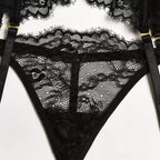 Calcinha preta renda floral com tiras laterais e detalhes dourados - lingerie feminina