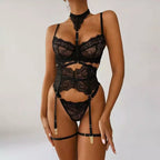Conjunto lingerie preta renda com sutiã, cinta modeladora e cinta-liga - lingerie feminina