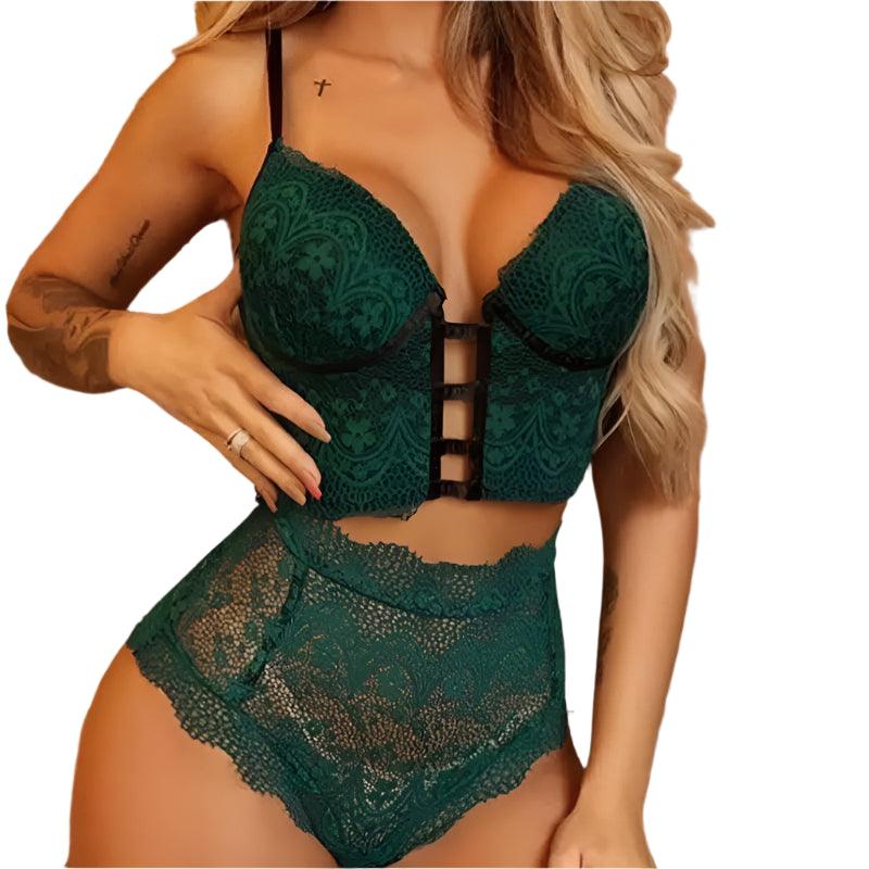Conjunto de lingerie verde esmeralda em renda com sutiã push-up e calcinha cintura alta sexy