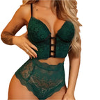 Conjunto de lingerie verde esmeralda em renda com sutiã push-up e calcinha cintura alta sexy