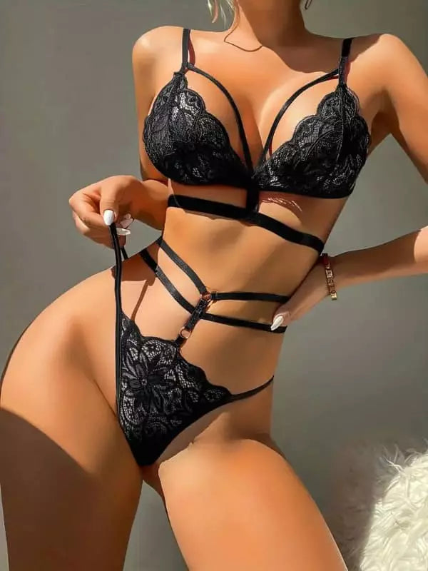 Conjunto íntimo preto com renda e tiras ajustáveis - lingerie feminina sensual