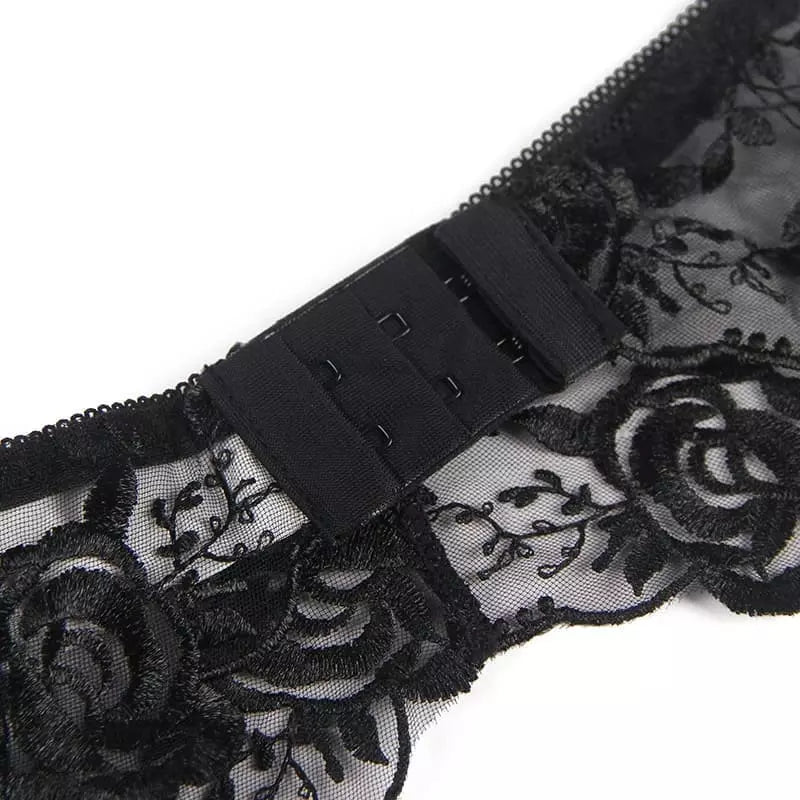 Sutiã preto com renda floral transparente, fecho traseiro com colchetes, lingerie feminina