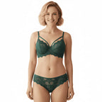 Conjunto lingerie verde com renda, sutiã com bojo e calcinha sexy