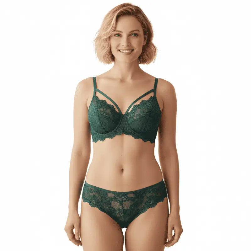 Conjunto lingerie verde com renda, sutiã com bojo e calcinha sexy
