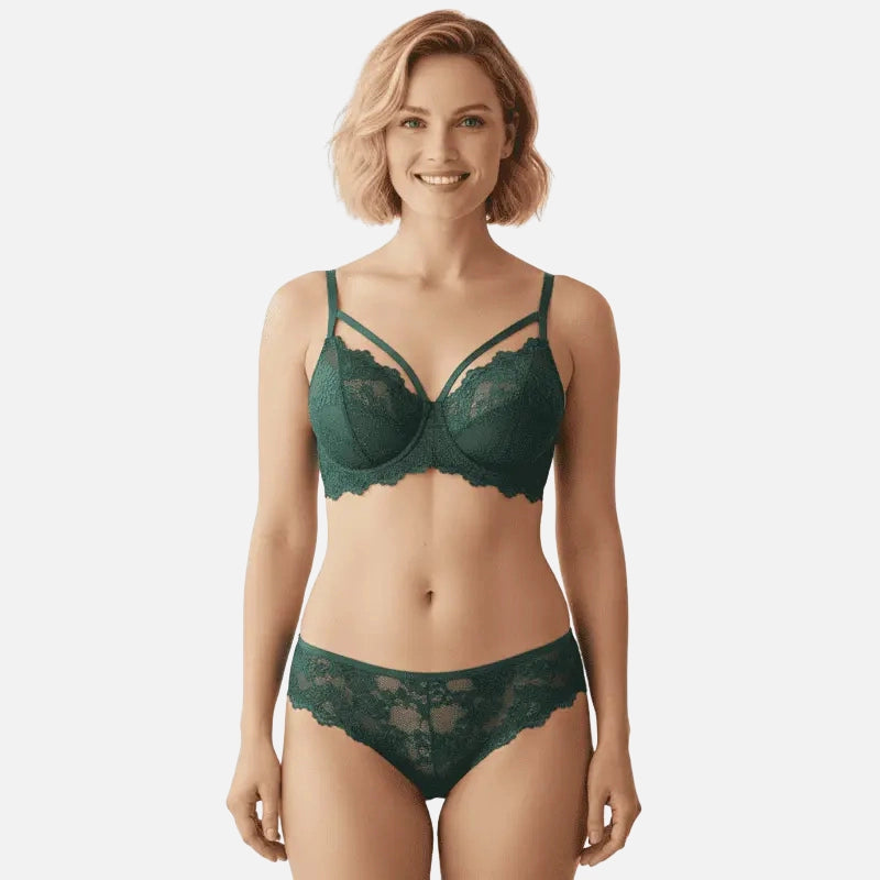Conjunto lingerie verde com renda, sutiã com bojo e calcinha sexy