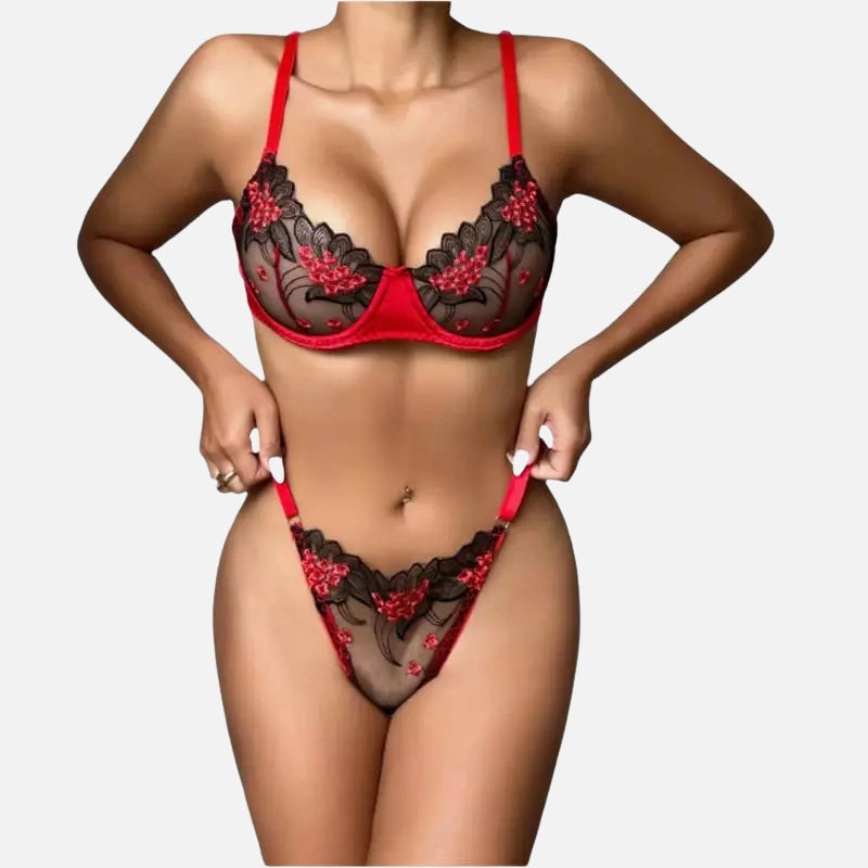 Conjunto lingerie renda preta vermelha sutiã calcinha sexy feminino bordado floral