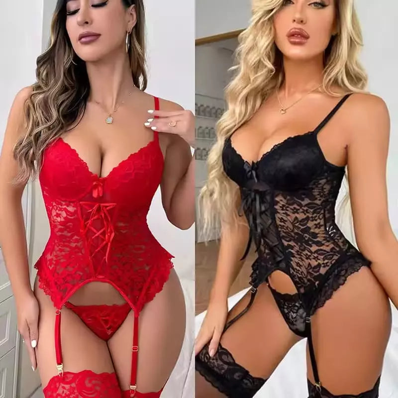 Conjunto lingerie rendado vermelho e preto - corpete com cinta-liga e calcinha sensual