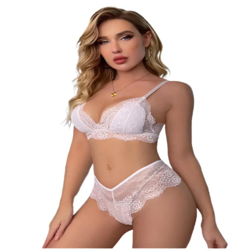 Conjunto lingerie branco delicado, sutiã meia taça com renda floral e calcinha cintura alta em tule e acabamento rendado