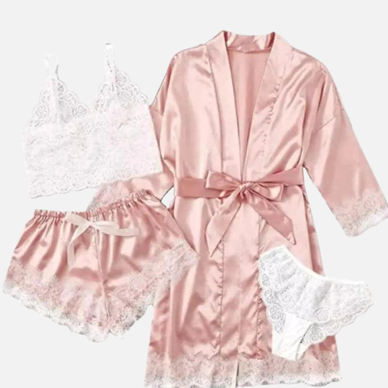 Conjunto lingerie rosa claro com robe cetim, shorts, sutiã e calcinha com detalhes em renda branca