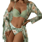 Conjunto biquíni verde menta com saída de praia  estampado de flores e abacaxis em tons verde e bege