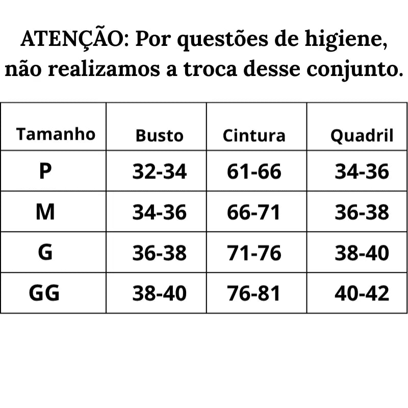 Conjunto de biquini Tropical tabela de tamanhos do P ao GG