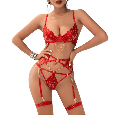 Imagem de uma modelo usando lingerie vermelha com detalhes em corrente