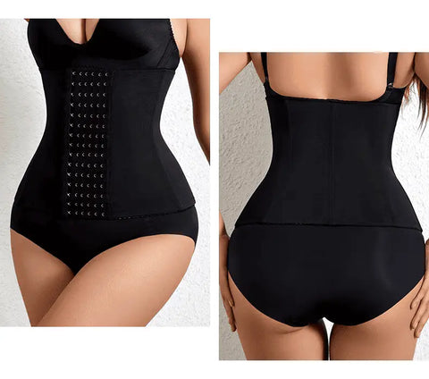  um Corset preto com detalhes em ilhoses, usado por uma mulher.