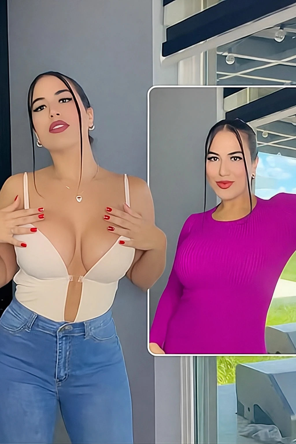 mulher jovem e atraente, vestida com body modelador deluxe e jeans, a outra com uma blusa rosa vibrante