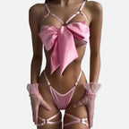 Conjunto lingerie rosa com laço, strappy harness e meias - lingerie feminina sensual