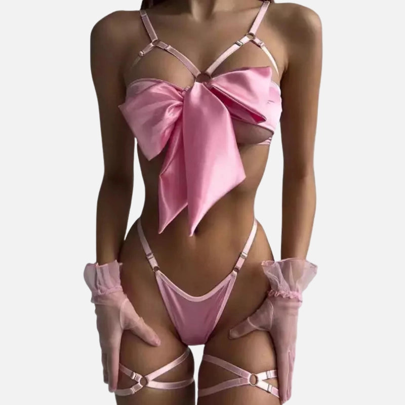 Conjunto lingerie rosa com laço, strappy harness e meias - lingerie feminina sensual