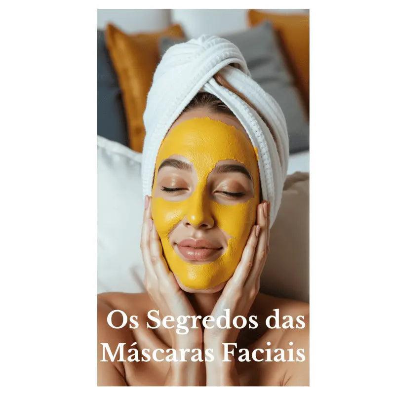Mulher relaxada com máscara facial amarela e toalha na cabeça, desfrutando de momento de autocuidado para pele radiante.