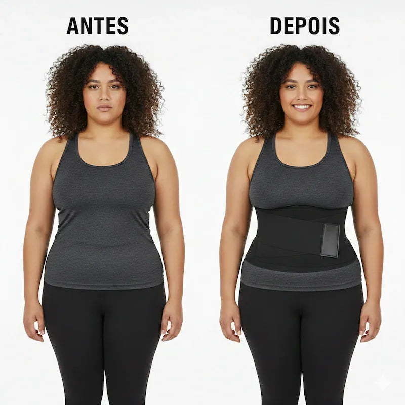 Faixa de compressão abdominal antes e depois mostrando efeito modelador na cintura